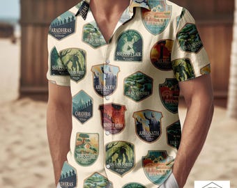 Middle Earth Hawaiian Shirt, Rivendell Shire Mordor Button Up Shirt, Fantasy Adventure Tee, L0TR Swim Shorts, Fantasy Novelty Beach Out