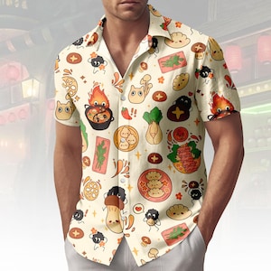May include: Short-sleeved button-down shirt with a cream background and a repeating pattern of cartoon food illustrations. The design includes dumplings, mushrooms, and other Asian-inspired food items. The shirt has a classic collar and a relaxed fit.