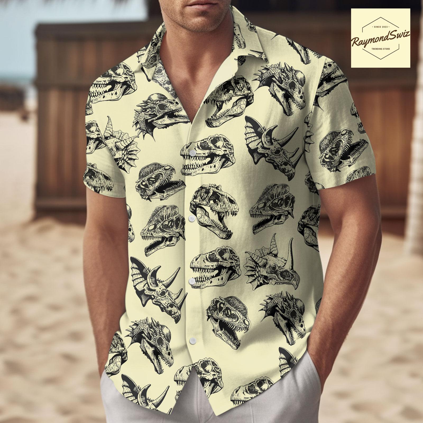 Discover Dinosaur Skull Button Shirt, Gothic Skull Hawaiian Shirt, Aloha Shirt Holiday, Summer Shirt, Dinosaur Tropical Hawai Tee