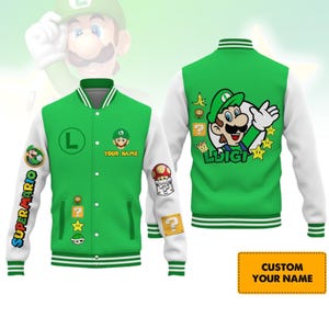 Luigi-honkbaljack, Super Mario-honkbaljack, custom Luigi-jack, Luigi-jack heren, Super Mario-gamingjack, jassen voor heren
