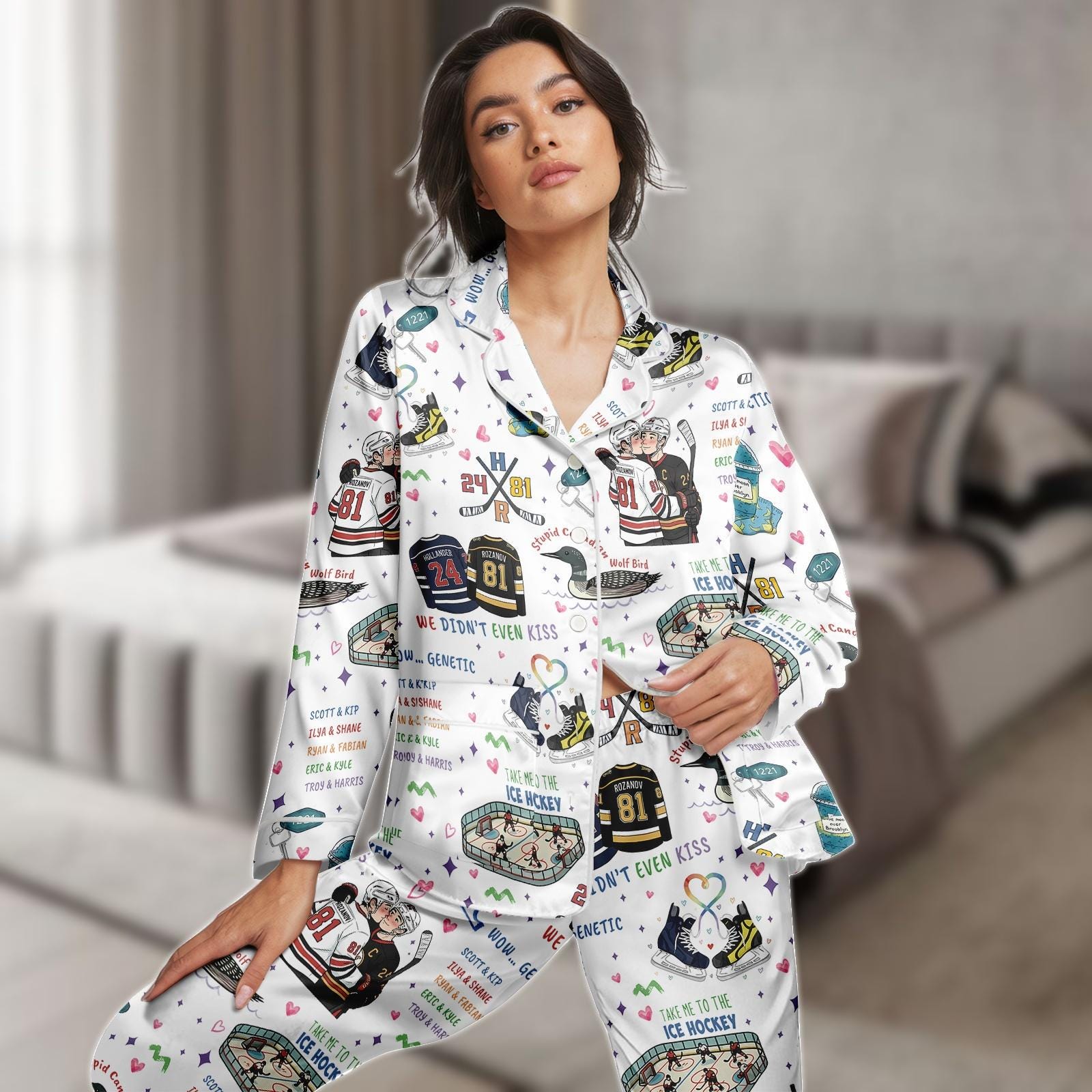 Discover Hockey Romance PJs Set, Ice Hockey Pajamas Set, Couple Long Pajama Set, Women Pajamas, Women Pyjama, Gift For Her