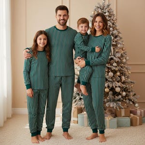 Christmas Stripe Family Pajamas, Green Long Pajamas, Green Stripe Long Sleeve PJs, Christmas Pajamas Set, Family Christmas Gift
