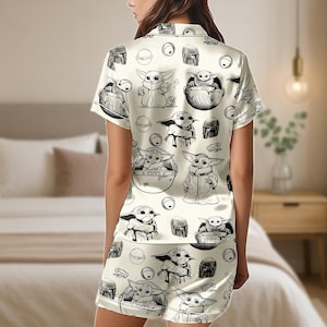 Grogu Baby Yoda Pajama Set, Star Wars Satin Shorts and Shirt, Sketch Print Sleepwear, Cute Mandalorian Gift for Her, Loungewear