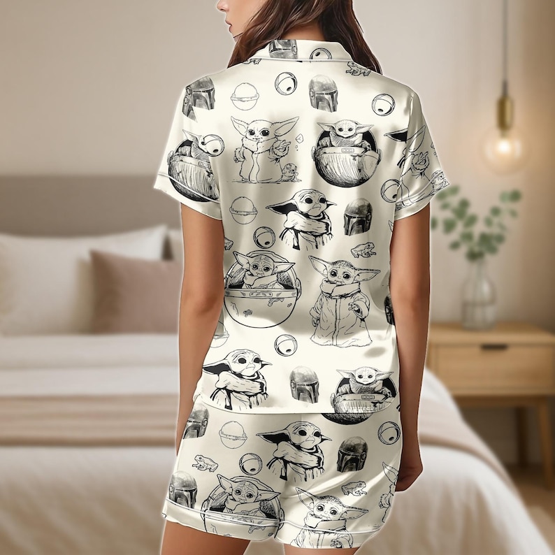 Grogu Baby Yoda Pajama Set, Star Wars Satin Shorts and Shirt, Sketch Print Sleepwear, Cute Mandalorian Gift for Her, Loungewear