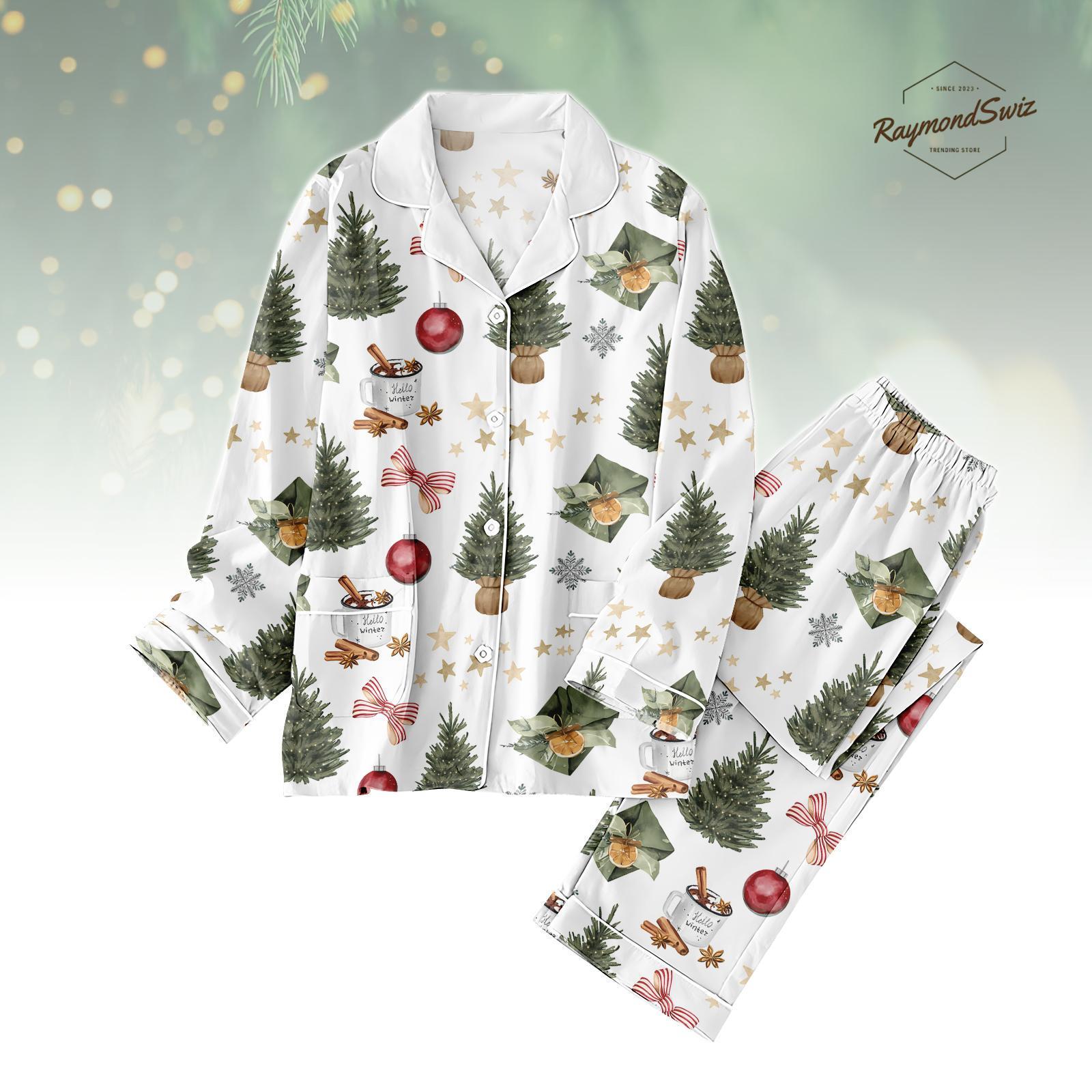 Discover White Christmas Thick Pajamas Set, Cozy Holiday Tree Print Winter Sleepwear, Warm Long Sleeve PJs for Family Matching, Xmas Gift Idea