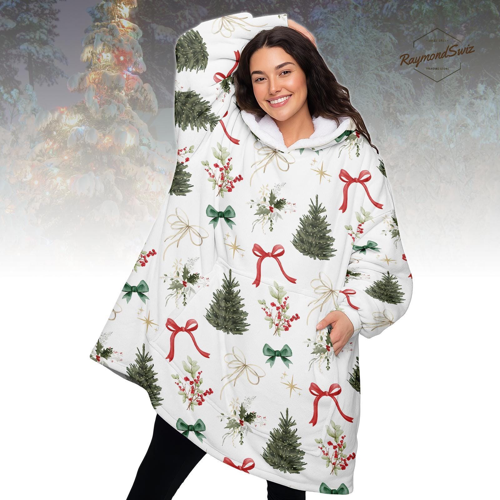 Discover White Christmas Hoodie Blanket, Cozy Oversized Wearable Blanket with Tree and Ribbon Print, Warm Winter Gift for Kids and Family