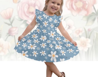 Vestido floral con mangas acampanadas, vestido Daisy para niñas pequeñas, vestido azul con mangas con volantes, vestido de verano con flores para niñas, regalo para hija