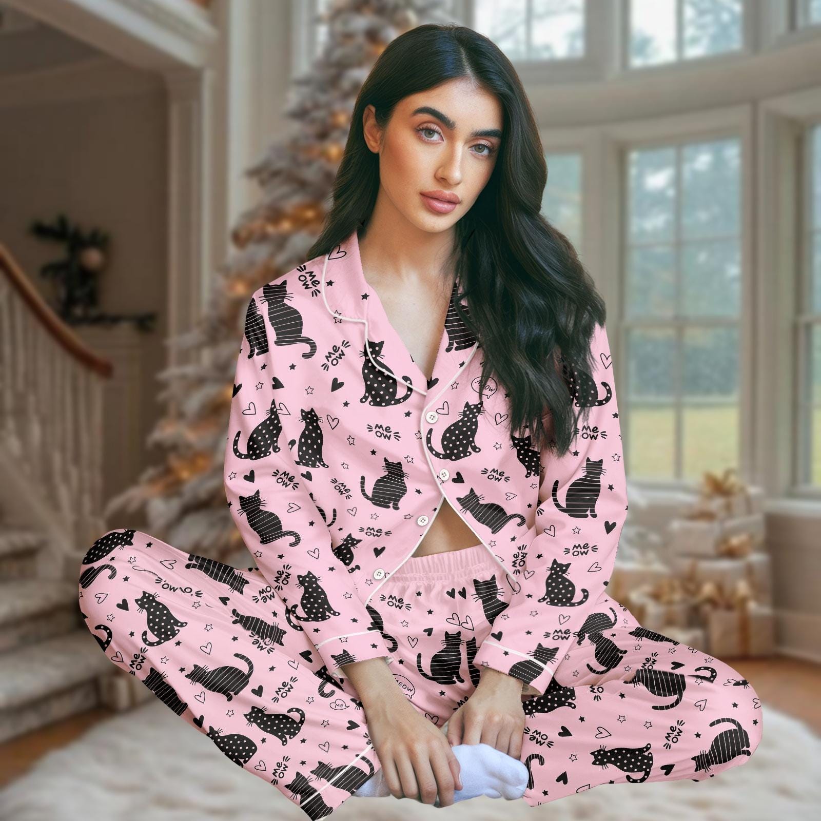 Discover Cat Lover PJs Set, Meow Pajamas Set, Cat Long Pajama Set, Cat Pajamas, Gift for Cat Fan