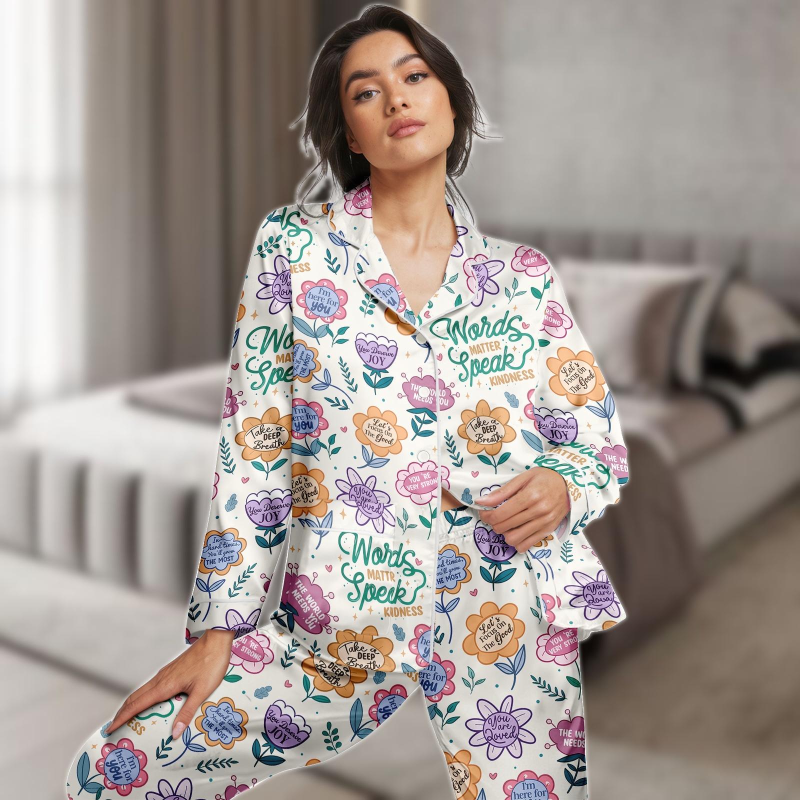 Discover Floral PJs Set, Positive Vibes Pajamas Set, Inspiring Message Long Pajama Set, Women Pajamas, Gift for Her