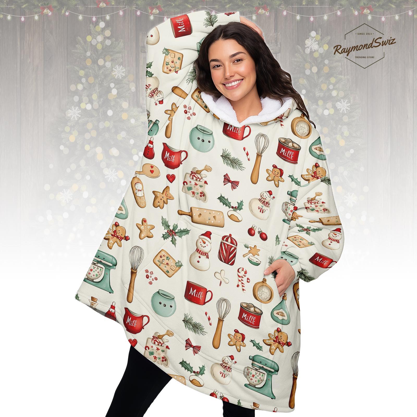 Discover Christmas Baking Hoodie Blanket, Gingerbread Cookie Print Oversized Wearable Blanket, Cozy Winter Loungewear Gift for Kids and Adults
