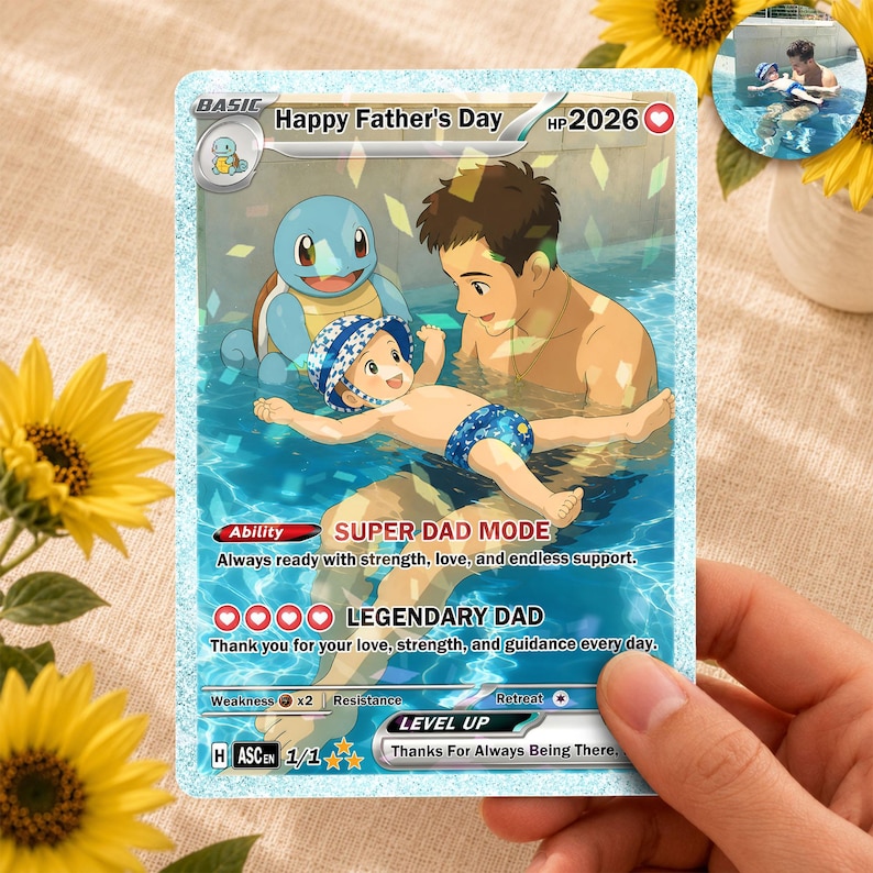 Personalized Father’s Day Pokemon Card, Custom Dad And Kids Photo Card, Family Keepsake Gift, Pokemon Family Keepsake Card, Dad Gift zdjęcie 7