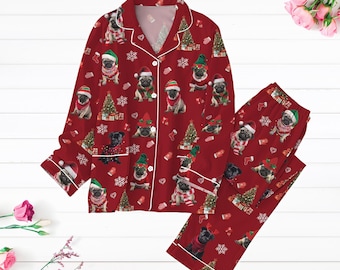 Pigiama natalizio con carlini, pigiama natalizio con carlini allegri, maglietta natalizia con Babbo Natale, pigiama a maniche lunghe con albero di Natale per amanti degli animali, pigiama con carlini