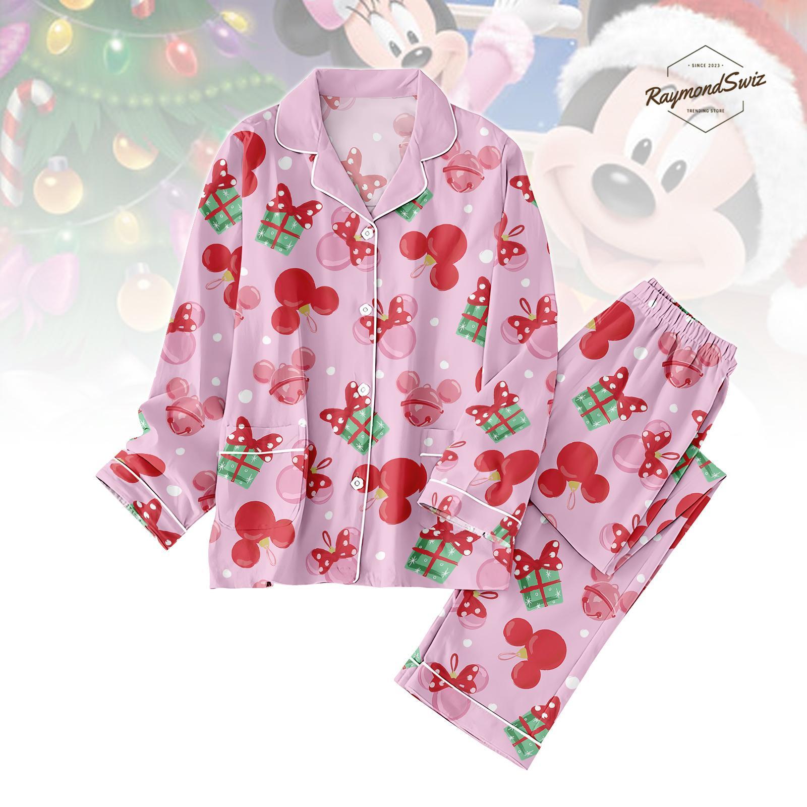 Discover Pink Christmas Thick Pajamas Set, Cute Bow and Gift Print Matching Holiday PJs, Cozy Long Sleeve Sleepwear, Xmas Gift Outfit