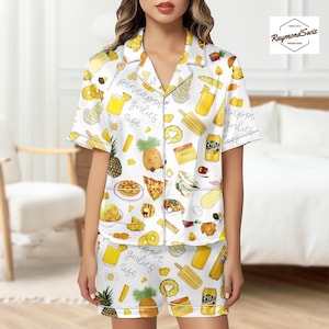 Pineapple Print Pajama Set, Yellow Button Up Pajama, Cute Shorts Pyjama, Matching PJs Set