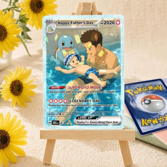 Personalized Father’s Day Pokemon Card, Custom Dad And Kids Photo Card, Family Keepsake Gift, Pokemon Family Keepsake Card, Dad Gift