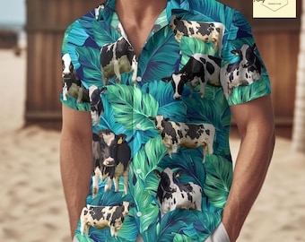 Camisa de botones de vaca, camisa hawaiana de vaca para vacaciones, camiseta hawaiana tropical de vaca, camisa aloha de vaca, camisa de verano de manga corta, atuendo de vacaciones