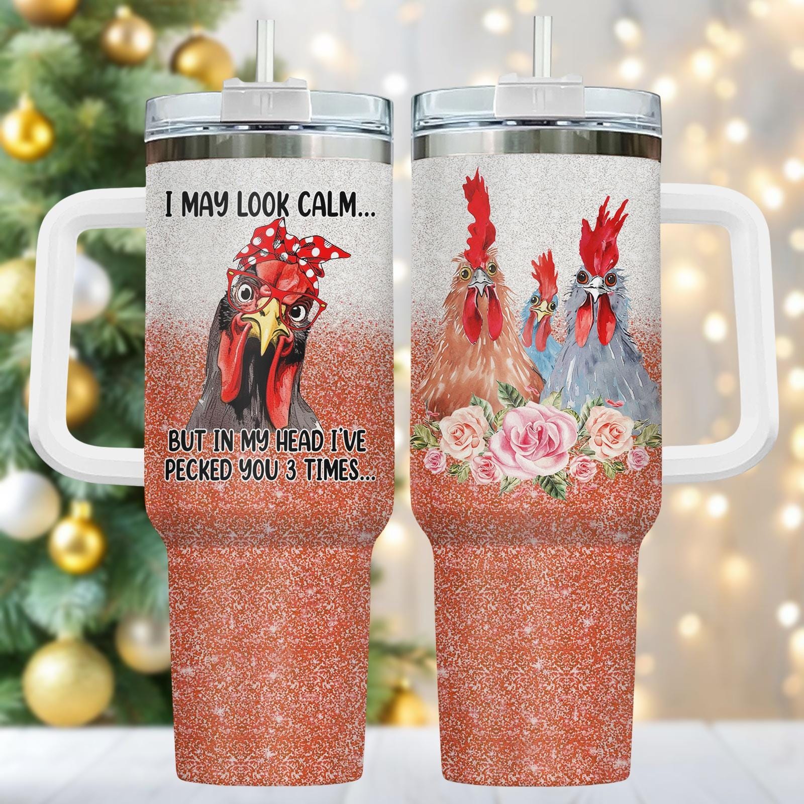 Discover Chicken Themed 40oz Tumbler With Handle, Funny Coffee Cup Gift For Her, Christmas Drinkware For Farm Lovers