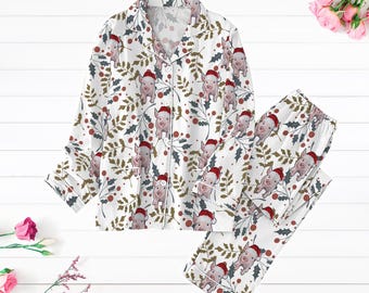 Christmas Pigs Pajamas Set, Pig Mom Holiday Pajamas, Animal Lover Shirt, Gifts For Farmers, Long Sleeve Pyjamas, Cute Santa Pig Pjs