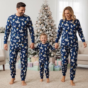 Christmas Goose Family Pajamas, Festive Long Pajamas, Blue Goose Long Tee & Pants PJs, Family Matching Pajamas Set, Family Sleepwear Xm