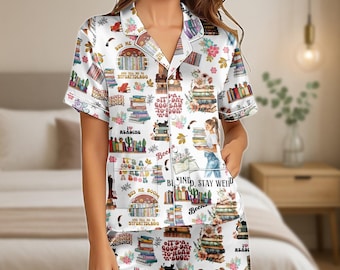 Book Lover Pajama Set, Reading Quote Satin Shorts and Shirt, Cute Book Print Sleepwear, Cozy Gift for Readers, Bookish Loungewear