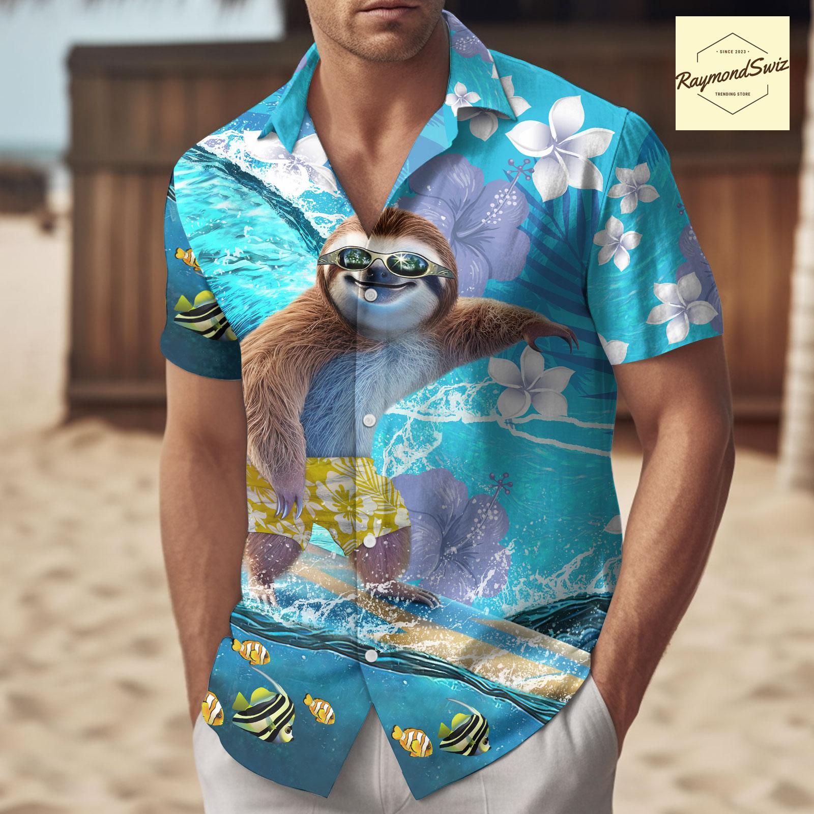 Discover Sloth Surfing Button Shirt, Sloth Surfing Gifts for Men, Sloth Surfing Hawaiian Shirt, Tropical Hawai Tee, Sloth Surfing Aloha Shirt