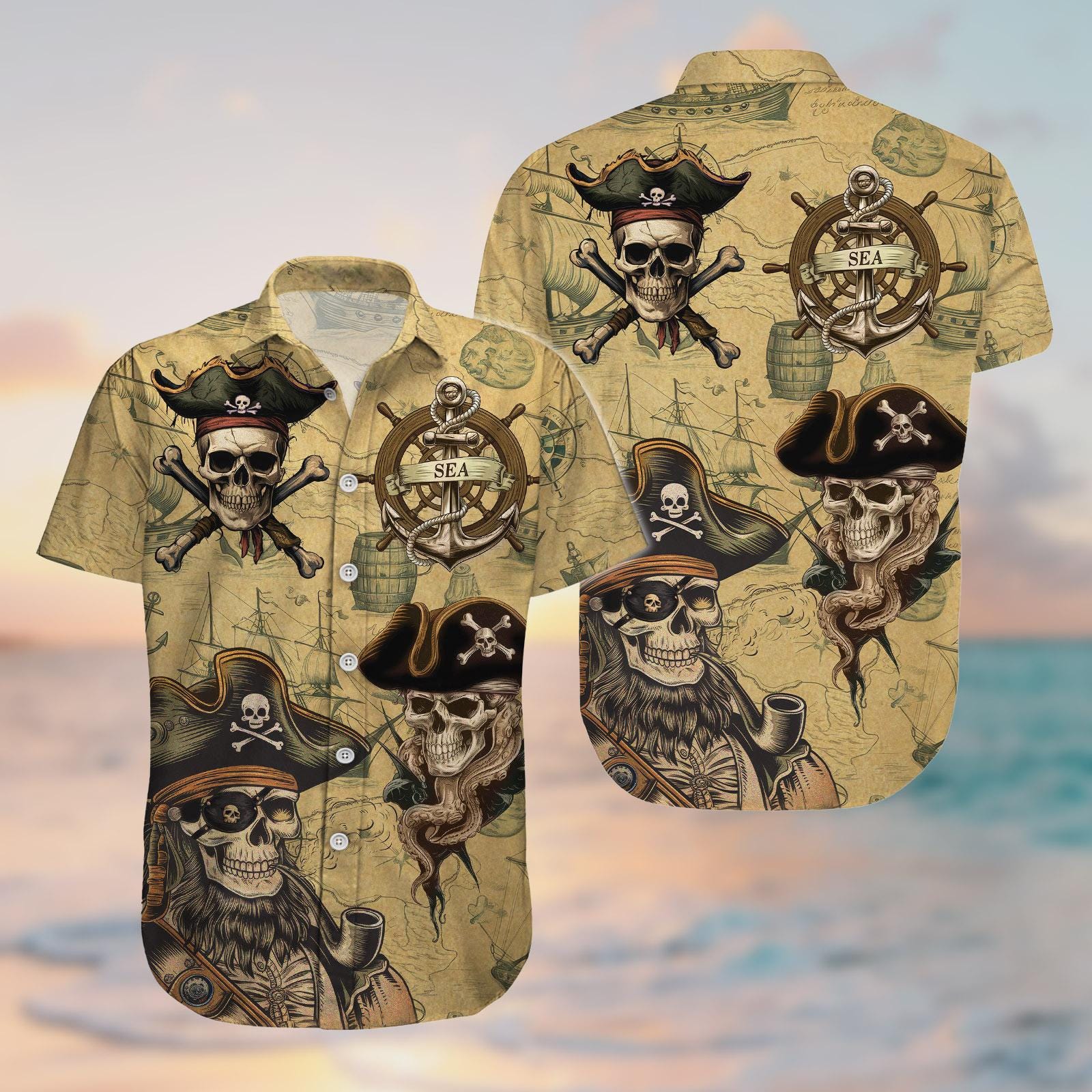 Discover Pirate Hawaiian Shirt, Button Up Summer Shirt, Beach Outfit, Pirate Gift, Gift for Pirate Lover, Tropical Adventure