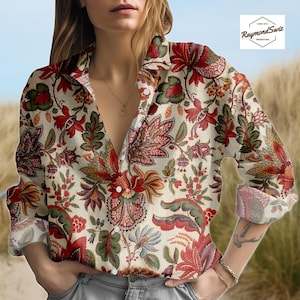 Boho Tropical Blouse, Long Sleeve Button Up Shirt, Floral Blouse for Women, Summer Cottagecore Outfit, Gift for Her