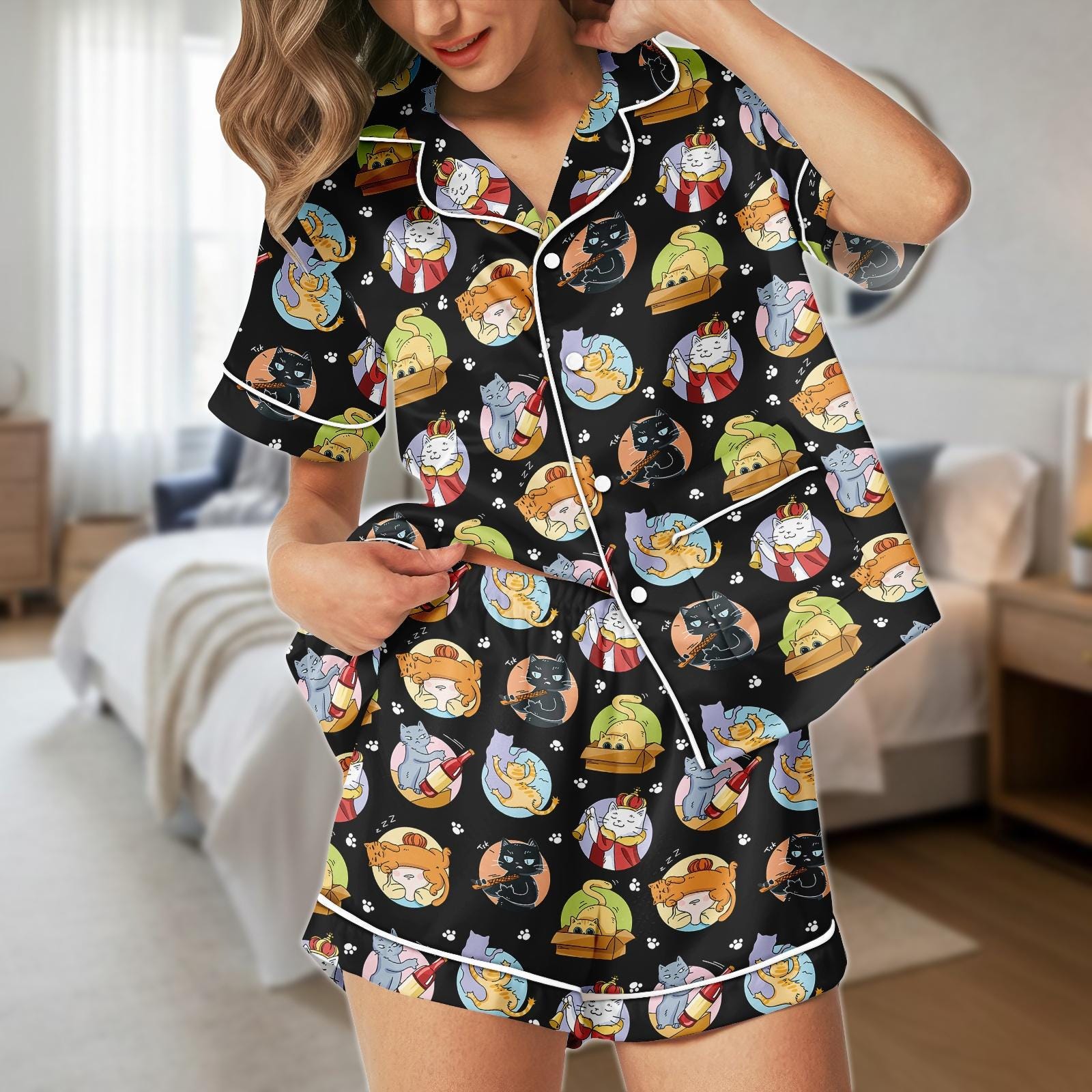 Discover Cute Cat Pajamas Set, Cat Lover Satin Pajamas, Cartoon Cat Short Pajama Set, Kawaii Cat Pyjama, Gift for Cat Fans