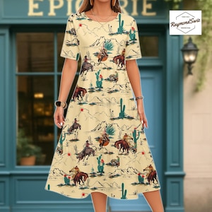 Cowboy Desert Tiered Dress, Western Cowboy A-Line Dress, Women Midi Dress, Women Fit and Flare Dress, Short Sleeve, Gift for Her