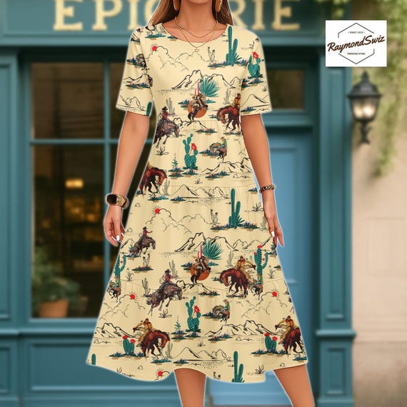 Cowboy Desert Tiered Dress, Western Cowboy A-line Dress, Women Midi Dress,  Women Fit and Flare Dress, Short Sleeve, Gift for Her - Etsy Australia