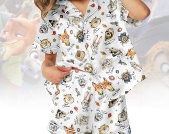 Pijama corto de satén de Disney Zootopia, pijama de satén con temática de Zootopia, conjunto de pijama de Nick y Judy, pijama de personajes de Disney, regalo para fans de Disney.
