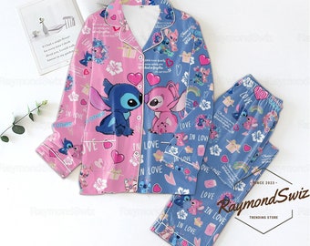 Stitch Pajamas Set, Stitch And Angel Pajamas, Cute Stitch Pajamas, Ohana Means Family Pajamas, Stitch Valentine Pajamas, Stitch Gift