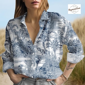 Palm Tree Pattern Blouse, Tropical Long Sleeve Blouse, Summer Button Shirt for Women, Blouse Tops for Women, Gift for Her