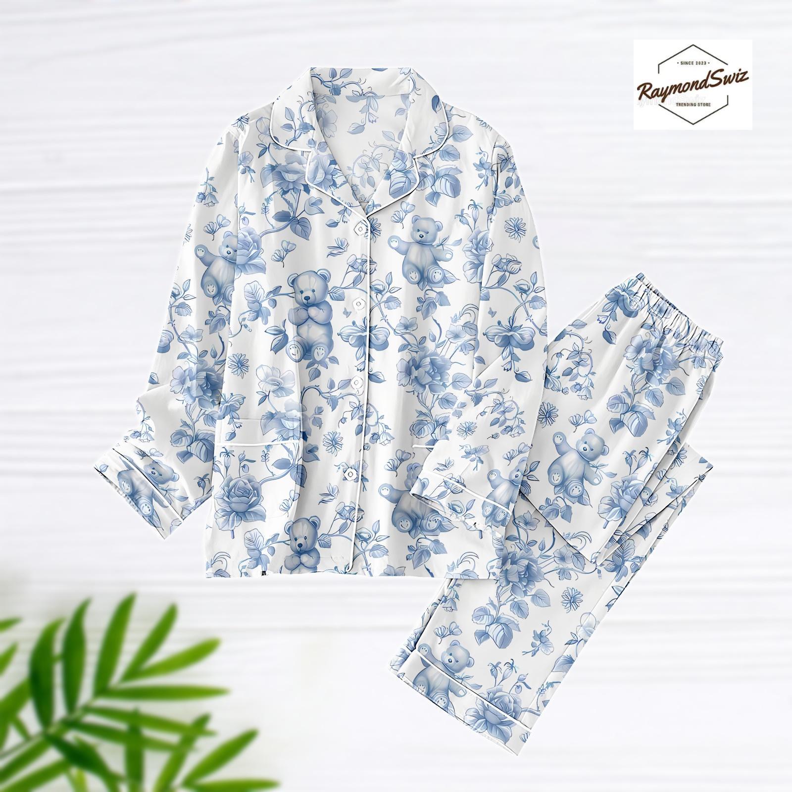 Discover Cute Teddy Bear Thick Pajamas Set Long Sleeve and Pants PJs Set, Matching Sleepwear for Women, Floral Pattern Lounge Set