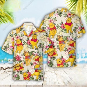 Chemise hawaïenne Halloween ourson, chemise hawaïenne dessin animé, chemise Winnie l'ourson boutonnée, chemise de plage d'été, chemise Aloha tropicale de film