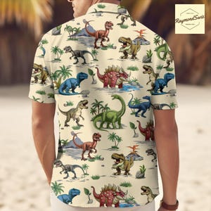 Tropical Dinosaur Button Shirt, Dinosaur Lover Hawaiian Shirt, Fun Prehistoric Gifts, Dinosaur Tropical Hawai Tee, Summer Beach Gifts
