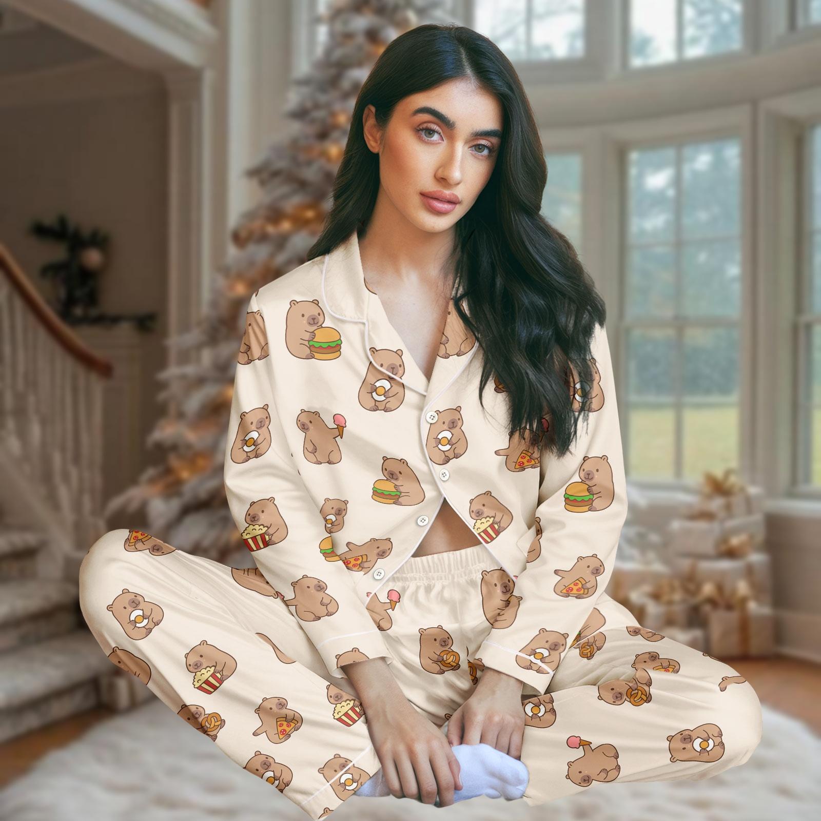 Discover Bear Food Pajamas Set, Cozy Bear Thick Pajamas, Cute Bear Long Pajama Set, Women Pajamas, Gift for Bear Fan