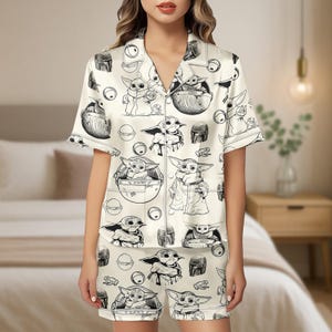 Grogu Baby Yoda Pajama Set, Star Wars Satin Shorts and Shirt, Sketch Print Sleepwear, Cute Mandalorian Gift for Her, Loungewear
