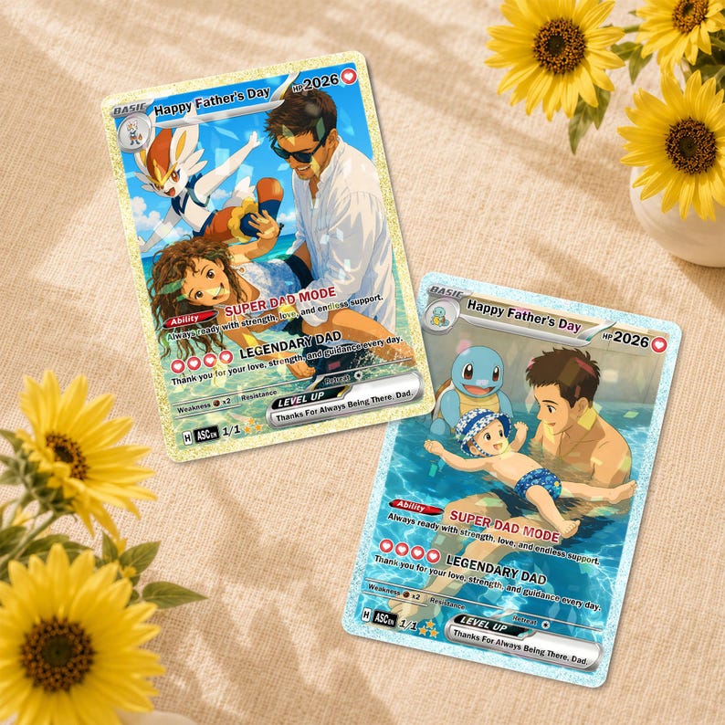 Personalized Father’s Day Pokemon Card, Custom Dad And Kids Photo Card, Family Keepsake Gift, Pokemon Family Keepsake Card, Dad Gift zdjęcie 6