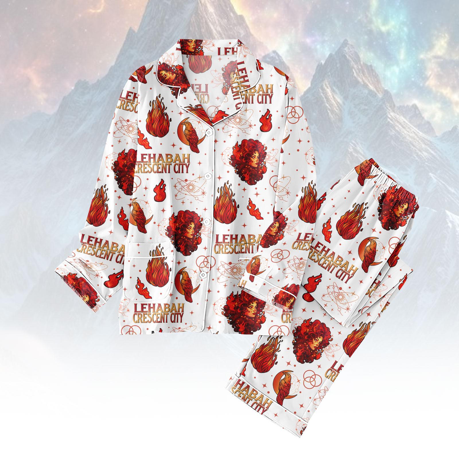 Discover Lehabah Long Pajama Set, Crescent City & Fire Heart Designs, Women’s Sleepwear, Fantasy Fan Gift