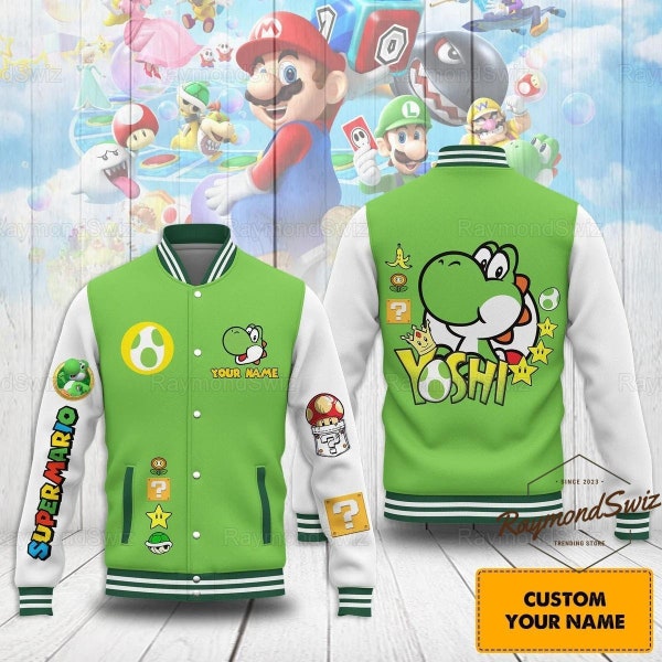 Veste de baseball Yoshi, veste de baseball Super Mario, veste Yoshi personnalisée, veste Yoshi pour homme, veste de jeu Super Mario, cadeau pour les joueurs