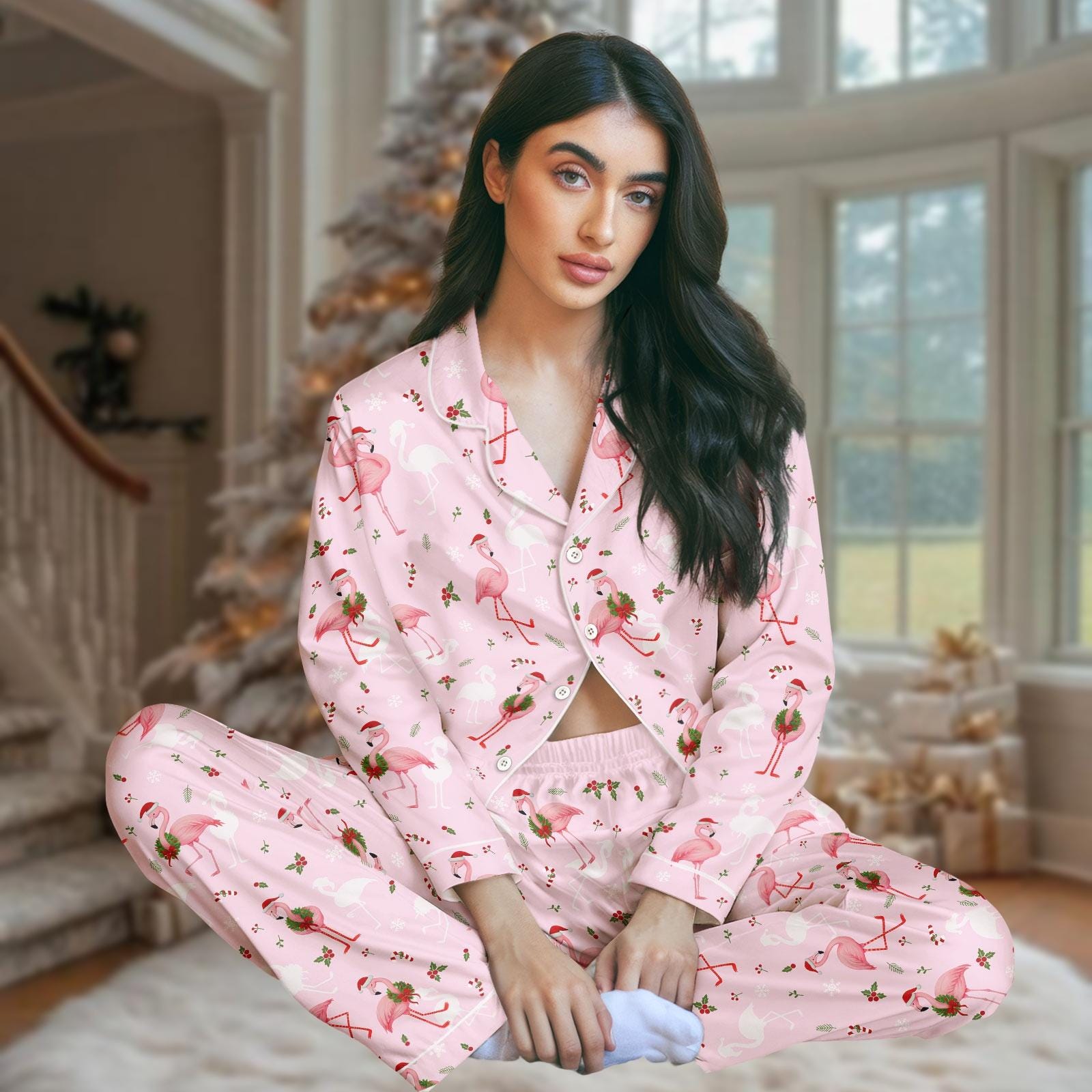 Discover Flamingo Pajamas Set, Flamingo Thick Pajamas, Holiday Long Pajama Set, Flamingo Pajamas, Christmas Gift for Her