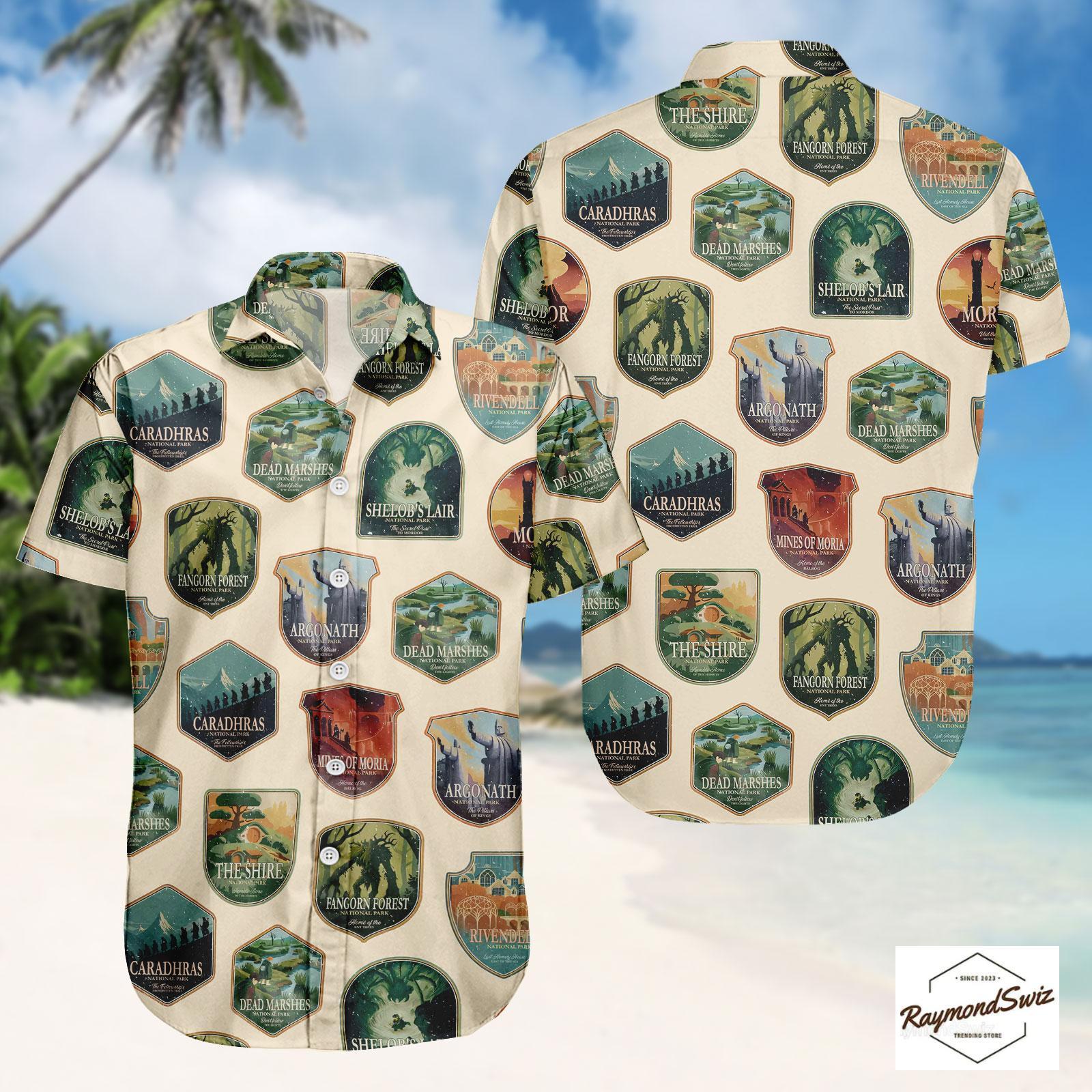 Discover Middle Earth Hawaiian Shirt, Rivendell Shire Mordor Button Up Shirt, Fantasy Adventure Tee, L0TR Swim Shirts, Fantasy Novelty Beach Out