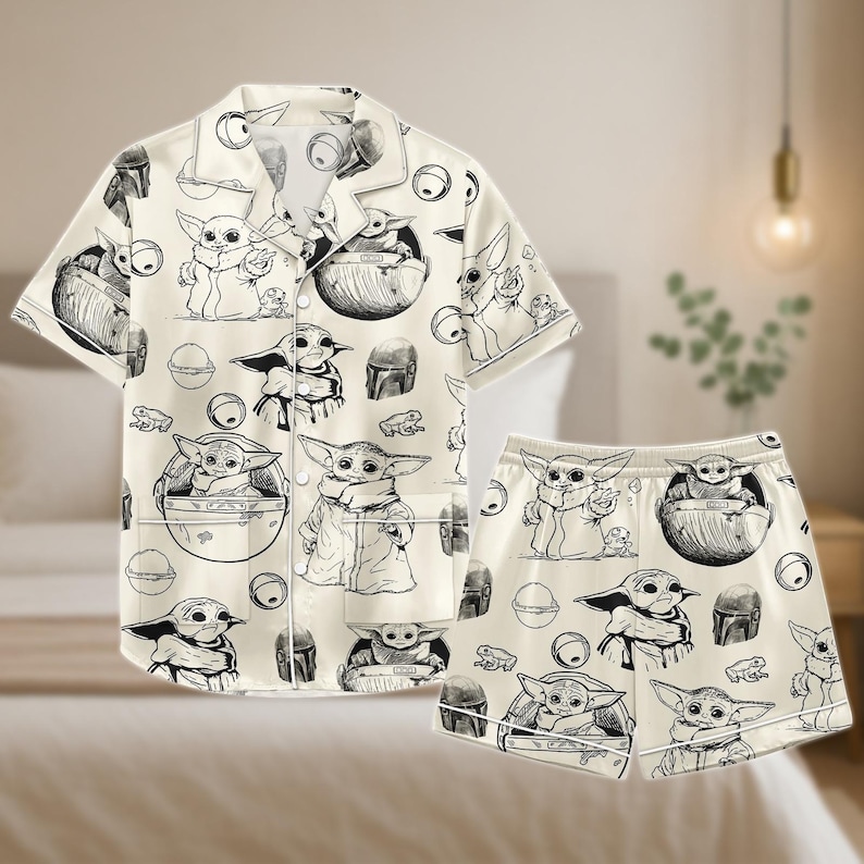 Grogu Baby Yoda Pajama Set, Star Wars Satin Shorts and Shirt, Sketch Print Sleepwear, Cute Mandalorian Gift for Her, Loungewear