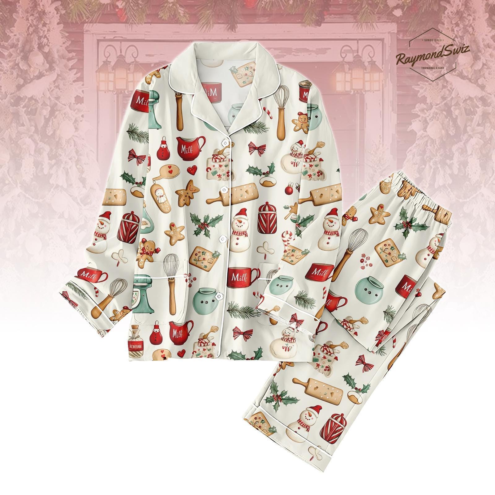 Discover Christmas Baking Thick Pajamas Set, Gingerbread Cookie Print Winter Sleepwear, Cozy Holiday Lounge Set, Warm Festive Family Gift