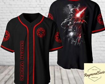 May include: Black baseball jersey with red trim and a Darth Vader graphic on the back. The front of the jersey has the text "Darth Vader" and the Star Wars Empire logo.