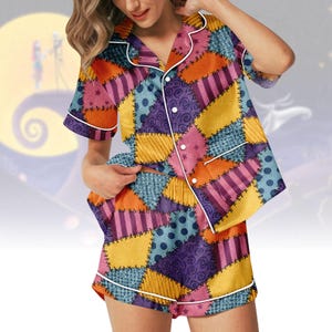 Sally Patchwork Short Satin Pajamas, Nightmare Before Christmas Women PJs, Halloween Night Pajama Set, Spooky Sleepwear for Women