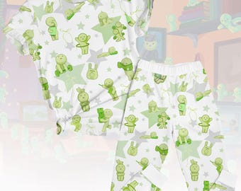 Smiski Figure Tee & Pants PJs, Cute Alien Matching Pajama Set, Green Cartoon T-Shirt Pyjama, Family Sleepwear, Fun Gift for Kids