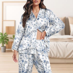 Botanical Pattern Pajama Set, Long Sleeve and Pants Sleepwear, Button Up PJs for Women, Gift for Her