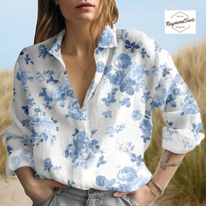 Blue Floral Pattern Blouse, Flower Blouse for Women, Summer Blouse Tops, Long Sleeve Shirt for Women, Gift for Her